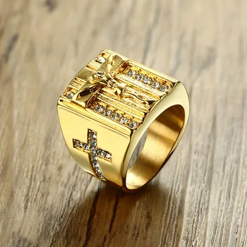 

Fashion Prayer Jesus Cross White Cubic Zirconia Rings for Men Gold Color Stainless Steel Crucifix crystal ring Male Jewelry gift