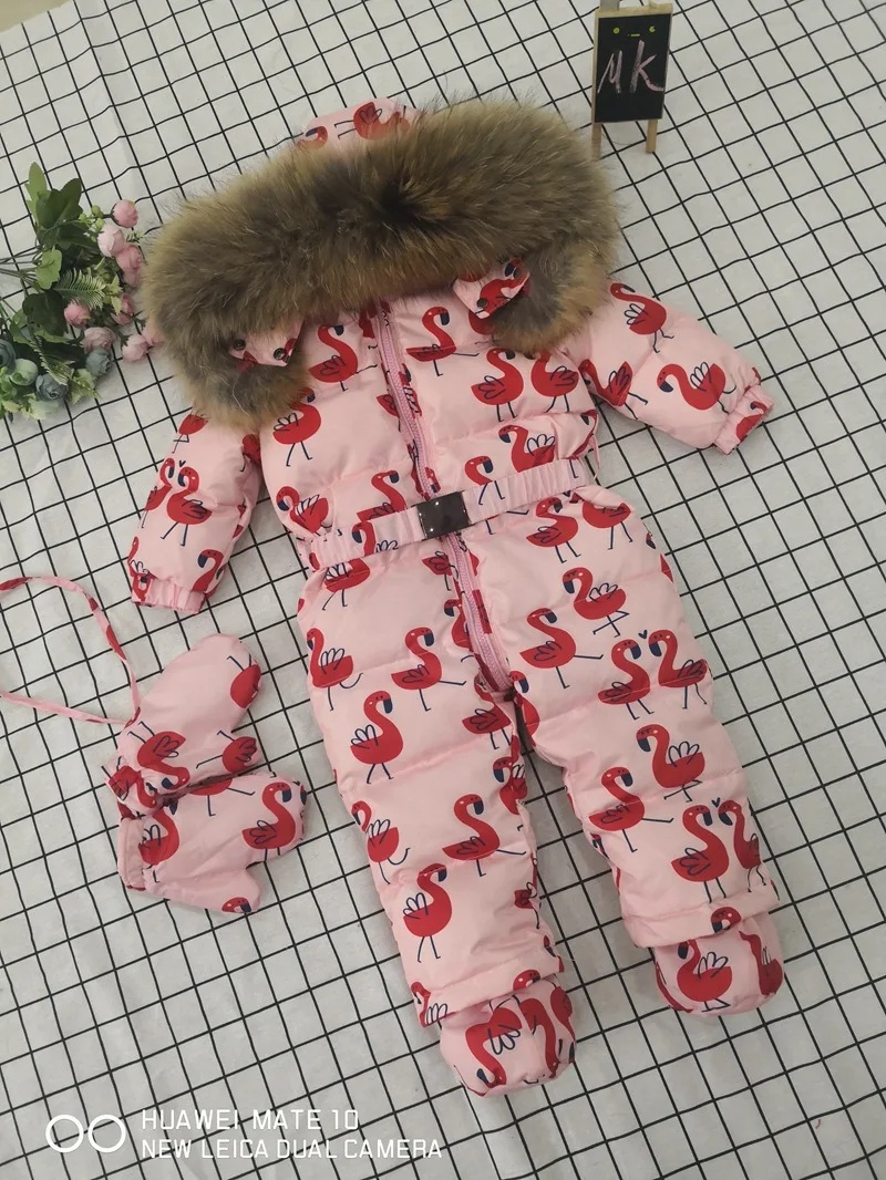 Детские комбинезоны с фламинго для русской зимы-30 градусов; теплая одежда с капюшоном для маленьких девочек; ветрозащитный зимний комбинезон; Пуховый комбинезон