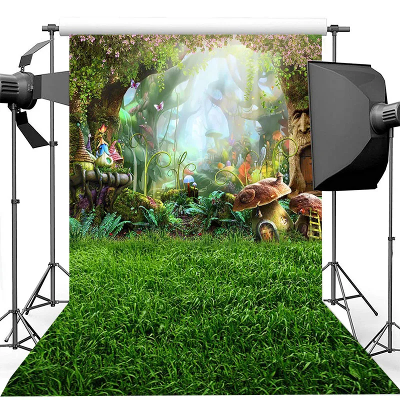 

Fairy Forest Backdrop Old Tree House Mushroom Child Kids Birthday Photography Background Green Grass Jungle Photography Backdrop