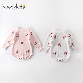 

Koodykids Spring Autumn Baby Girl Pink Bodysuits Baby Knitted Jumpsuit Baby Knitting Clothing Knitted Cherry Rompers 2 Years
