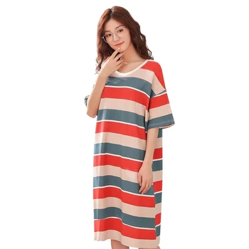 

New Summer Night Dress Nightgown Sleepwear Women Stripped Short Sleeve Nightie Lingerie Female Home Clothes Women Pyjamas Hot