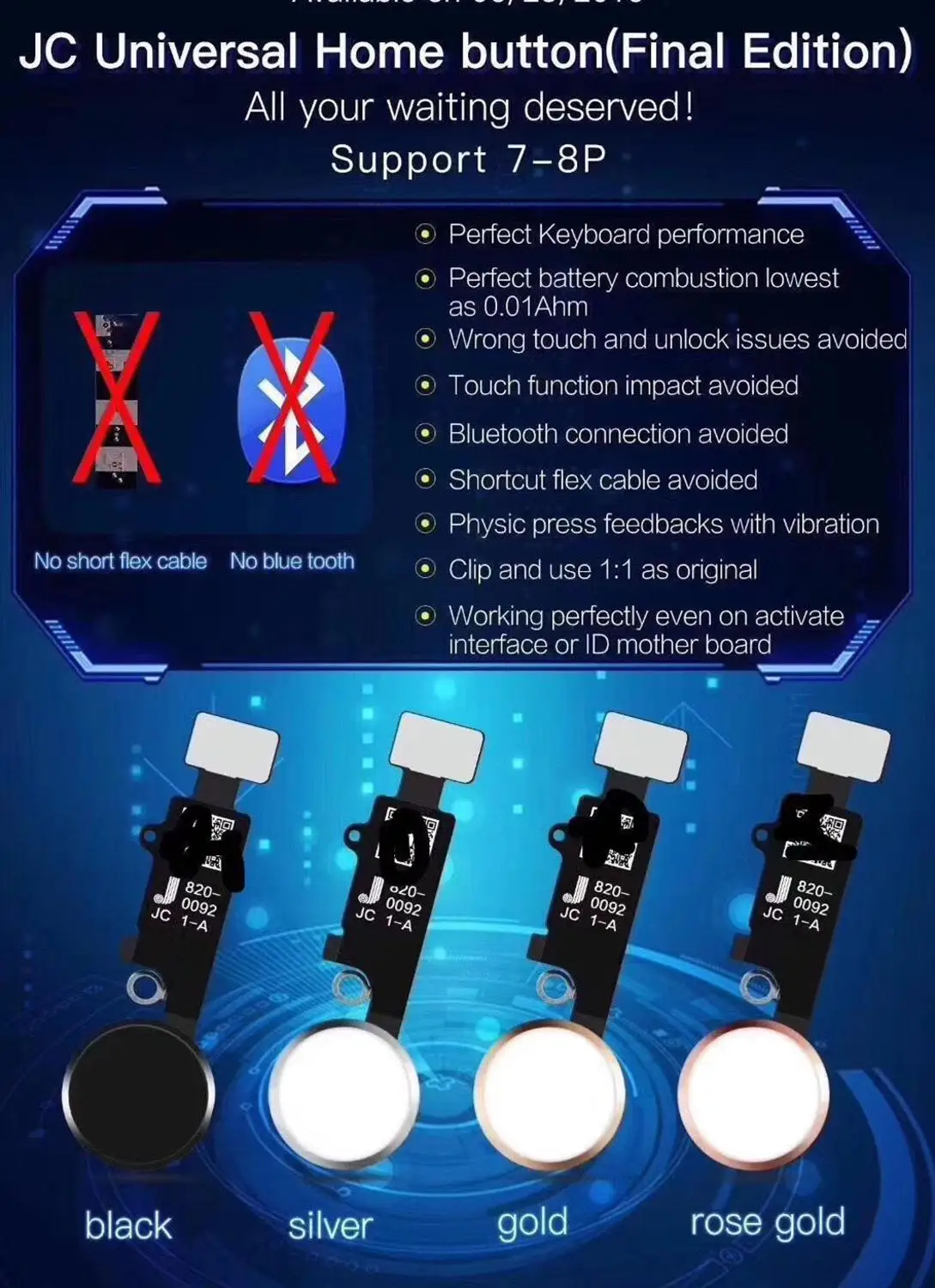 

JC Universal Return Key Final Edition Press Down home button For Phone 7/7 plus/8/8 plus repair no short flex bluetooth connect