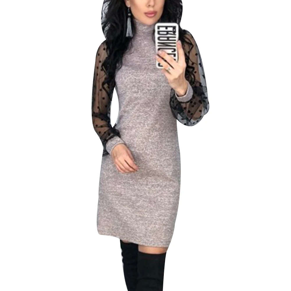 beige MoneRffi сексуальное Пышное Сетчатое трикотажное платье с длинным рукавом для женщин, с круглым вырезом, в стиле пэчворк, кружевные вечерние платья в горошек, женские платья, Vestido - Цвет: beige