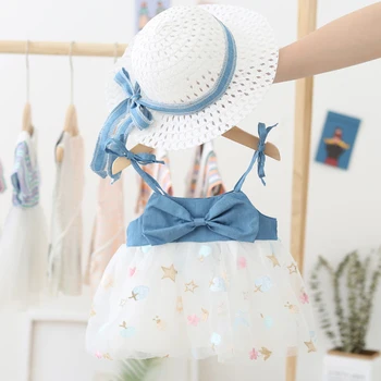 

Baby Girls Dress Summer Baby Girl Princess Clothes with Hat Cute Star Girl Sleeveless Mesh Denim Patch-work Dress Baby Clothes