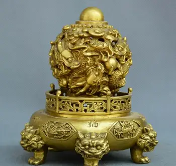 

China fengshui old Bronze dragon lion beast Transfer ball Geomantic ball statue