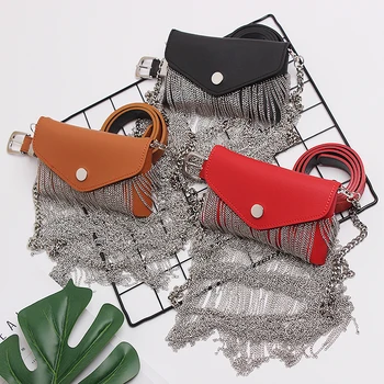 

3 colors Women Waist Bag long Metal Tassel Fanny Waist Packs PU Leather waist Belts bag Body Bandage Mini Waist Pack Women Belt