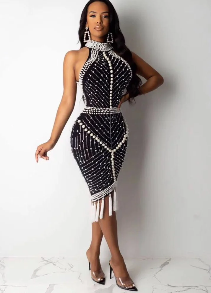 Высокое качество знаменитостей Белый Черный кисточкой Бисероплетение сексуальное вискозное Бандажное платье Коктейльные Вечерние платья