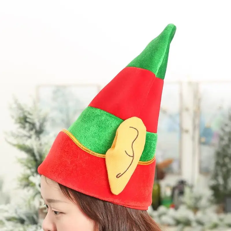 Adults Christmas Elf Hat with Ear Stripy Red Green Xmas Fancy Dress Party Hat