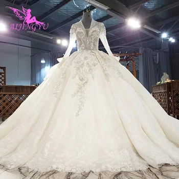 شراءAIJINGYU فساتين المملكة العربية السعودية فساتين الساتان لامعة رخيصة بالقرب مني الدانتيل الكرة ثوب دبي فستان الزفاف جديد 2021
