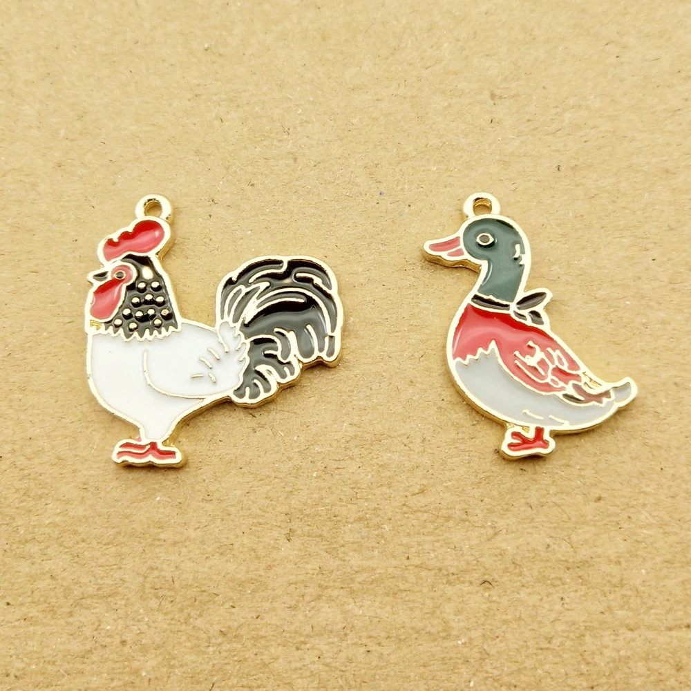 Set of 10 Gold-Plated Enamel Duck Charms