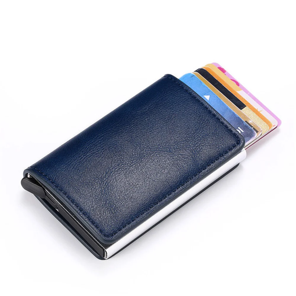 Tarjetero de cuero sintético para hombre y mujer, billetera de cuero sintético con caja de aluminio, Estilo Vintage, RFID, 2020