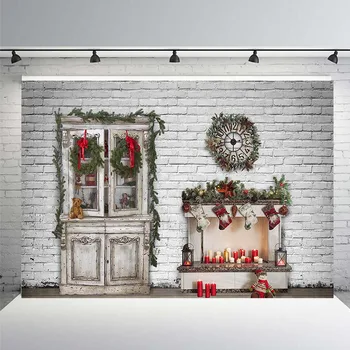 

Christmas Background Christmas Tree White Snow New Year Home Decoration Closet Bookcase Photo Studio Background Brick Fireplace