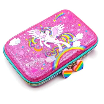 

High Quality Shining Pink Cartoon Printing Large Capacity Cute Unicorn Pegasus EVA Pencil Case Pencil Bag Pen Box Stationery Box
