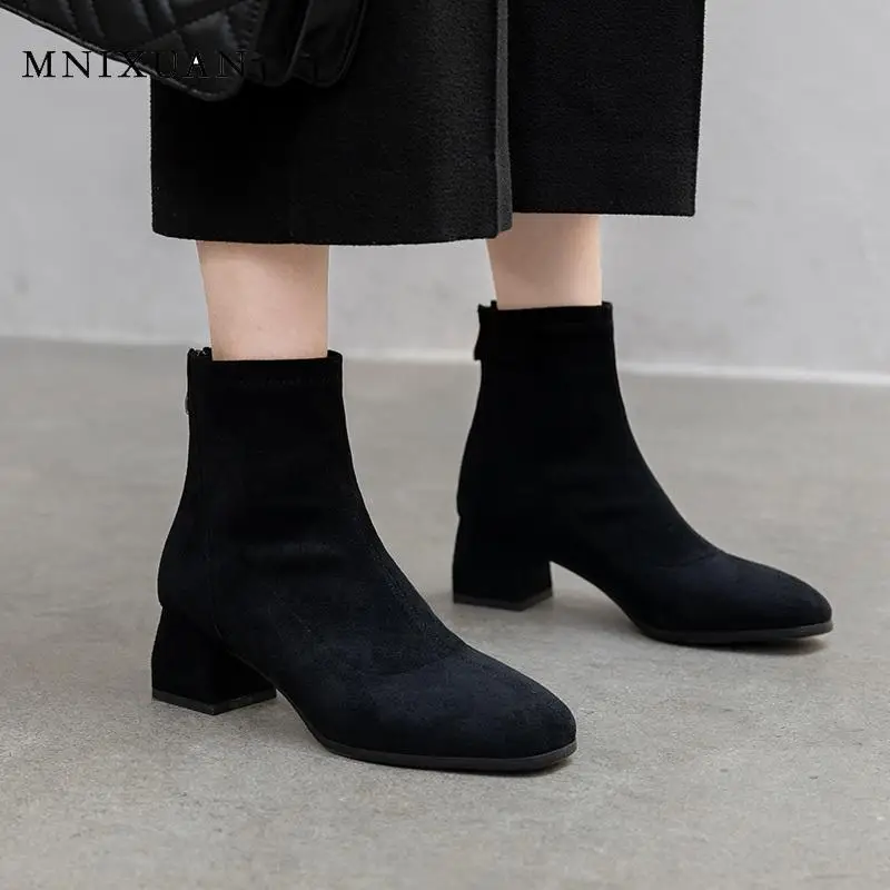 

MNIXUAN Shoes Woman Black Booties 2019 new Women Shoes spring autumn flock square high heels Black Ankle Boots ladies sock shoes