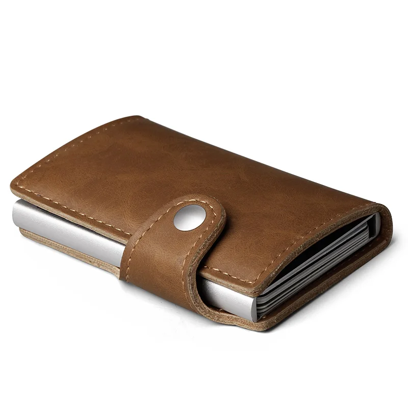 

Metal Card Wallet RFID Blocking Card Bag Hasp Mini Purse Crazy Horse PU Leather Automatic Credit Cara Holder Hasp Smart Purse