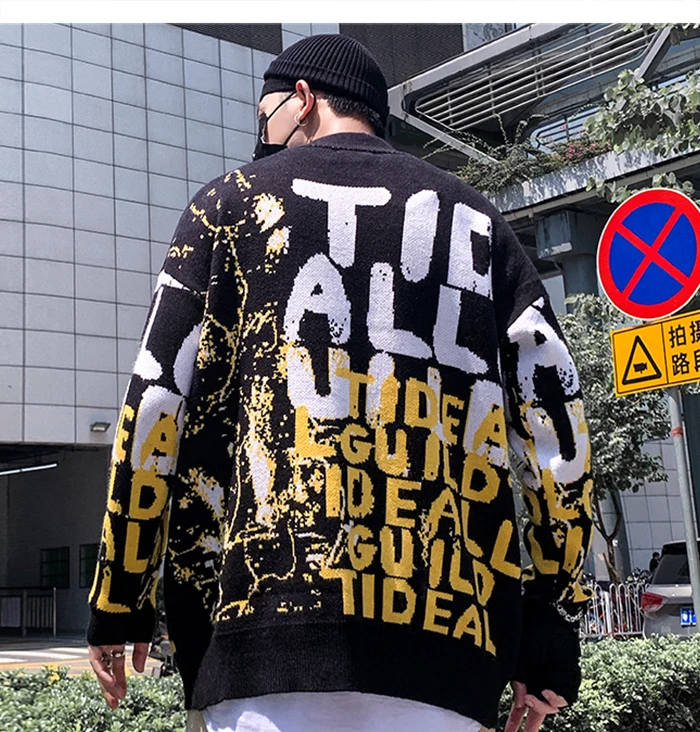 AELFRIC Письмо Граффити Трикотаж Мужской пуловер Осень Harajuku мода Хип Хоп Топы повседневные мужские свитера уличная одежда