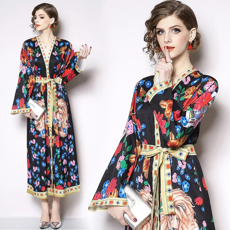 

Photo Shoot Spring 2019 WOMEN'S Dress Sexy V-neck Lion Printed Loose-Fit Dress Pajamas Nightgown