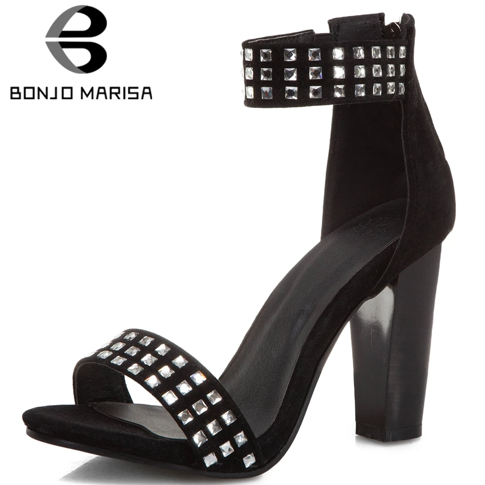 

BONJOMARISA Sexy Female Summer Sandals Crystal Cover Heel High Heel Sandals Women Zipper Black Office Party Dress Shoes Woman
