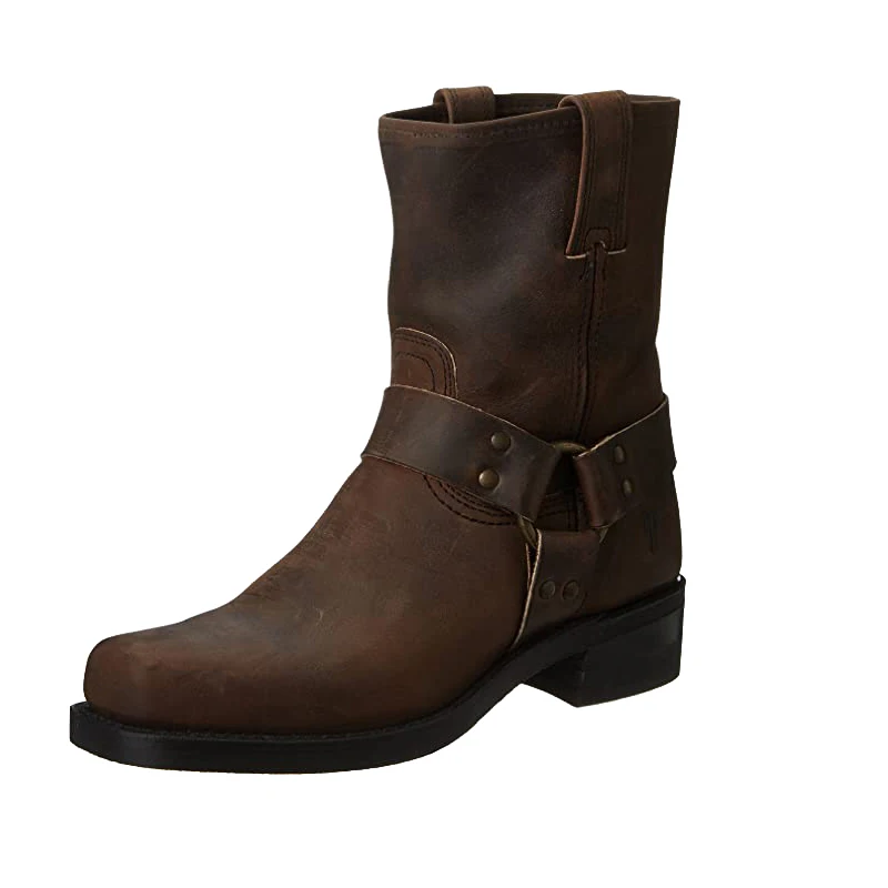 Mens Leather Boots Motorcycle Leather Boots Men Winter Vintage PU Warm Shoes Belt Buckle Ring High Top Motorcycle Boots Men Fashion Trend Casual Square Toe Slip On Mid-Calf