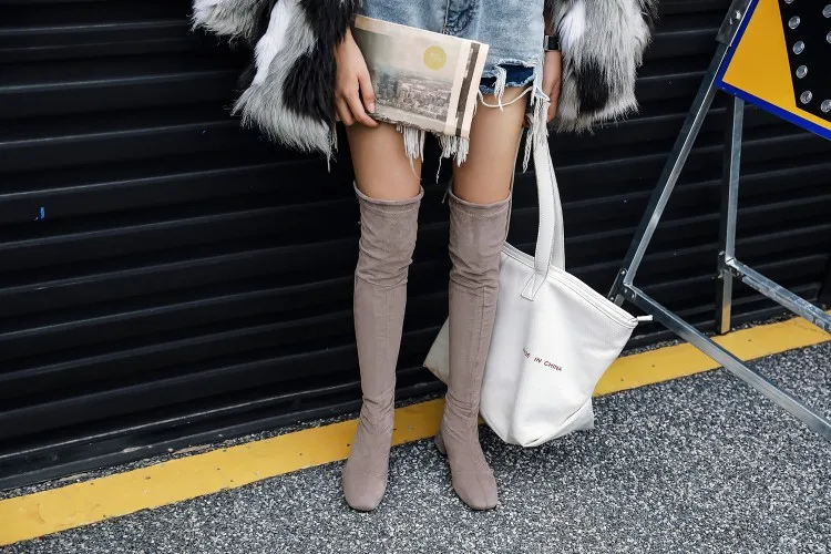 NASBAVI new Elastic Slim Fit Over The Knee Boots Women Winter thigh Lace up ladies mid heel Solid color long boot