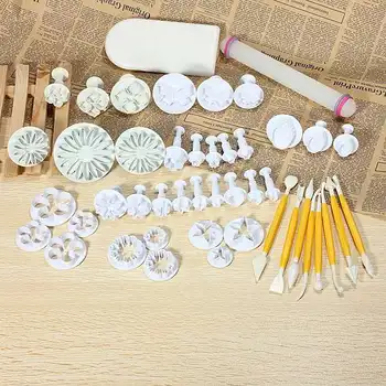 

46Pcs/Set Cake Baking Sugarcraft Mold Fondant Cutter Plunger Smoother Cookies Rolling Pin Baking Accessories DIY Plastic Tool