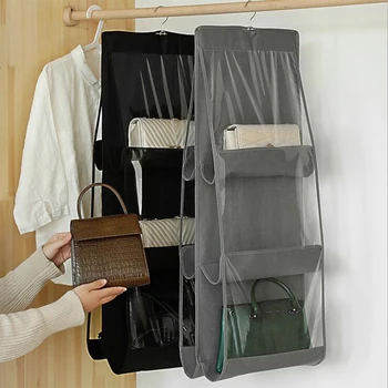

6 Pocket Foldable Hanging Bag Organizer for Wardrobe Closet 3 Layers Folding Shelf Bag Handbag Door Pocket Hanger Pouch