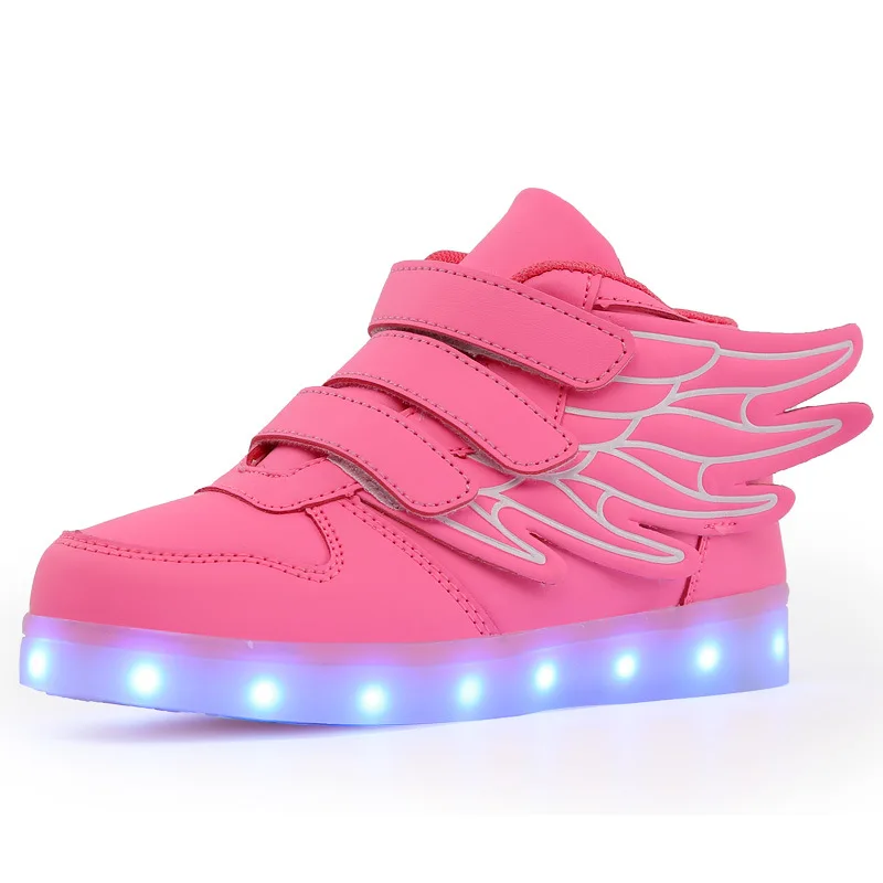 Pink Зимняя обувь с крыльями для мальчиков и девочек; Светодиодный свет; светящаяся обувь; обувь для малышей; нескользящие кроссовки для девочек; детская обувь для танцев - Цвет: Pink