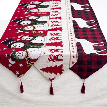 

Linen Merry Christmas Table Runner Printed Elk Snowman Tablecloth Christmas Home Decoration New Year Accessories