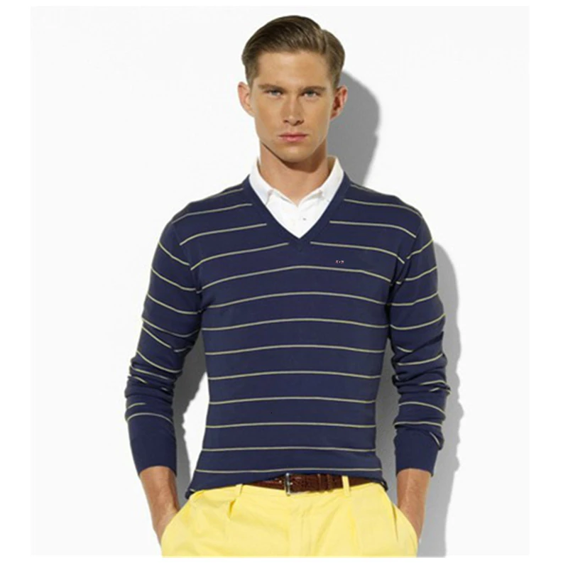 Осенний повседневный мужской свитер в полоску с v образным вырезом облегающая