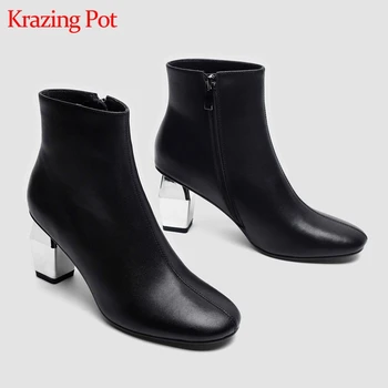 

Krazing pot 2019 cow leather round toe strange metal high heels women elegant dress office lady sexy solid color ankle boots L89