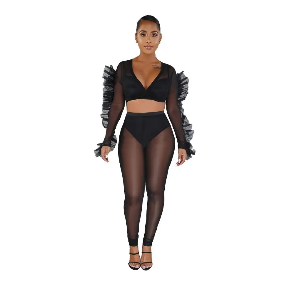black jumpsuit Adogirl черный прозрачный сетчатый комплект из двух предметов, женский сексуальный топ с v-образным вырезом, рюшами и длинным рукавом на шнуровке, облегающие штаны, костюм для ночного клуба - Цвет: black jumpsuit
