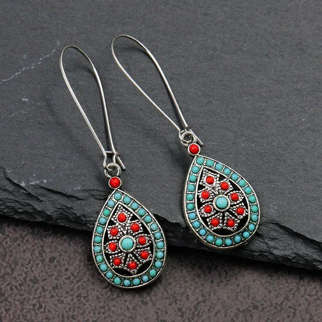 Exknl Fashion Vintage Drop Earrings For Women Alloy Crystal Ethnic Beads Boho Flower Earrings Colorful Dangle Earrings Jewelry red blue