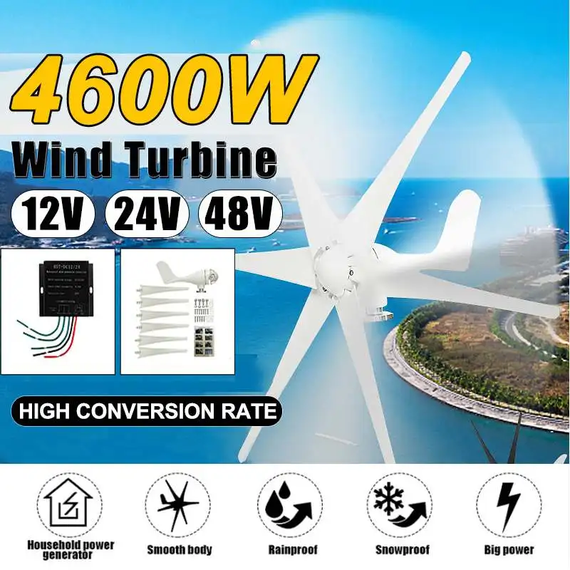 6 лопастей 4600 Вт ветряной генератор+ контроллер 12 В/24 В/48 В ветряные турбины горизонтальные домашние ветряные мельницы энергии турбины заряда