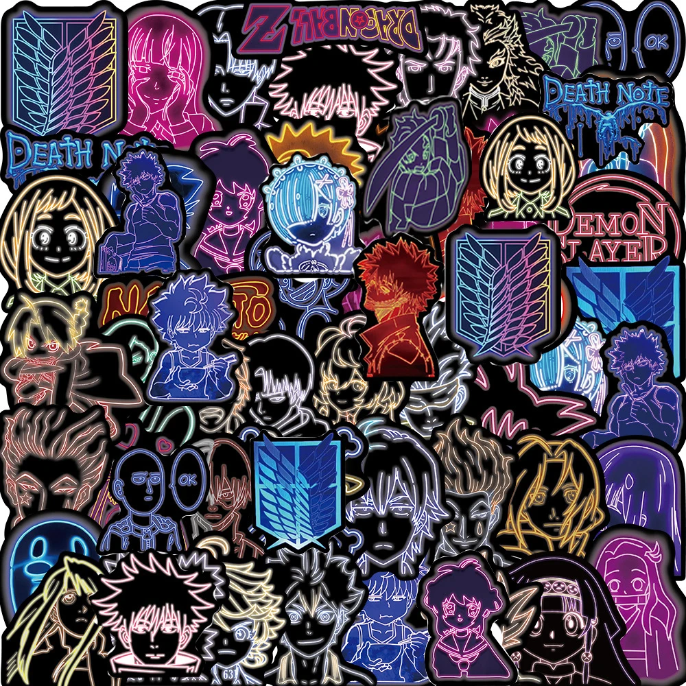 10/30/50PCS Neon Light Anime Stickers Mix Jujutsu Kaisen Attack on Titan Stickers DIY Car Phone Laptop Bike Toy Sticker for Kids