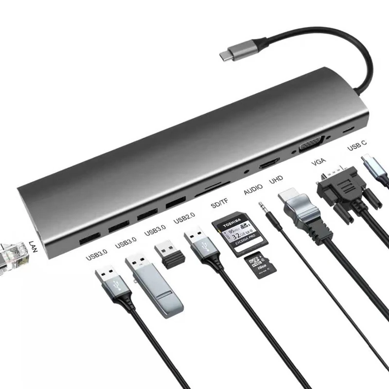 Bakeey Многофункциональный 11 в 1 USB-C концентратор док-станция адаптер с USB 3,0/2,0 type-C PD порт/RJ45 Внутренний порт/карта памяти
