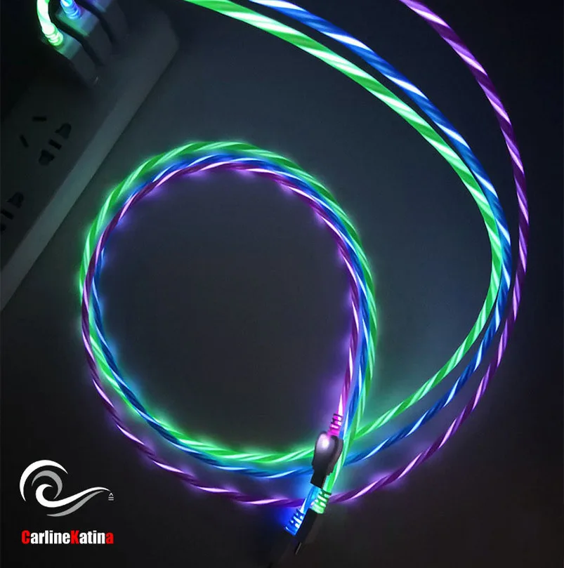 Светодиодный usb-кабель для вспышки, линия передачи данных, зарядное устройство для мобильного телефона для iPhone для Xiaomi для huawei для Android type-C 1 м 2 м, чехол для кабеля