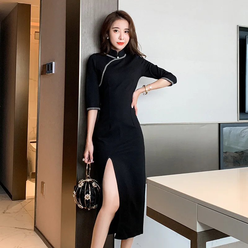 

2020 Autumn High End Women Sexy Party Split Bodycon DressesThree-quarter Sleeve Elegant Dresses Vintage Bandage Cheongsam Dress