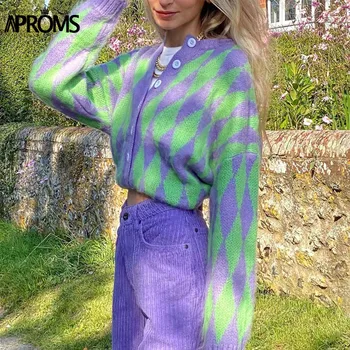 Image of Aproms Vintage Green Purple Plaid Knitted Cardigan Women Winter Oversized Soft Sweater Female High Fashion Outerwear