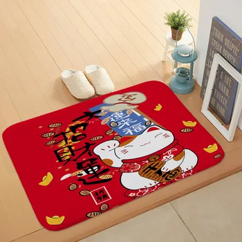 

Japanese-Style Lucky Cat Coral Flee Mats Bedroom Living Room Door Mat Bathroom Non-Slip Mat