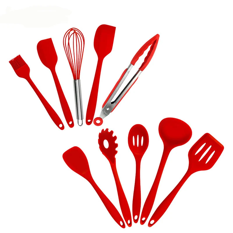 10pcs Red Cooking Противопригарная силиконовая основа Кухня посуда набор ложка половник лопатка, кулинария набор инструментов с кухонный держатель для хранения инструментов - Цвет: 10pcs Red Cooking
