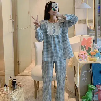 

Autumn New Women Pajamas Suit Long-sleeve Lace Ruffle Round Neck Lace-up Pyjamas Loose Stitching Plaid Casual Home Nightwear