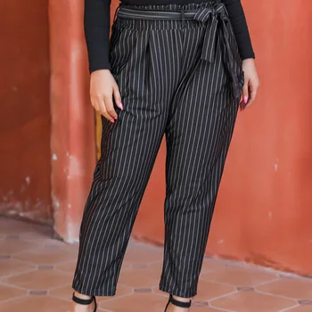 

European Style Plus Size Casual Womens Trousers 2020 Spring Summer New Fashion High Waist Striped Slim Slimming Harem Pants