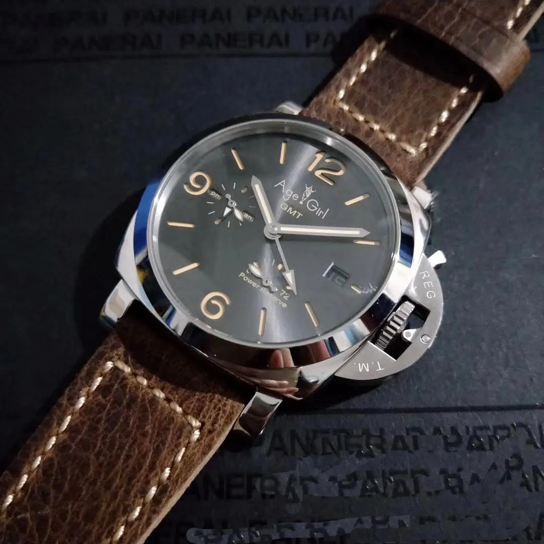 

Famous Brand New Men Automatic Mechanical Sappire Glass GMT Power Reserve Stainless Steel Aged Brown Cow Leather Luminous Watch