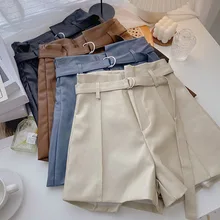 2021 soild básico bottoms streetwear calças shorts de couro de moda feminina de cintura alta ampla perna shorts com faixas