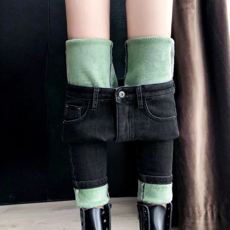

Plus velvet jeans female 2019 new autumn and winter thickening high waist fruit green cashmere warm long pants