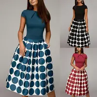 HOT SALES！！！New Arrival Women Polka Dot Patchwork Short Sleeve Round Neck Slim Fits Midi Swing Dress Wholesale Dropshipping