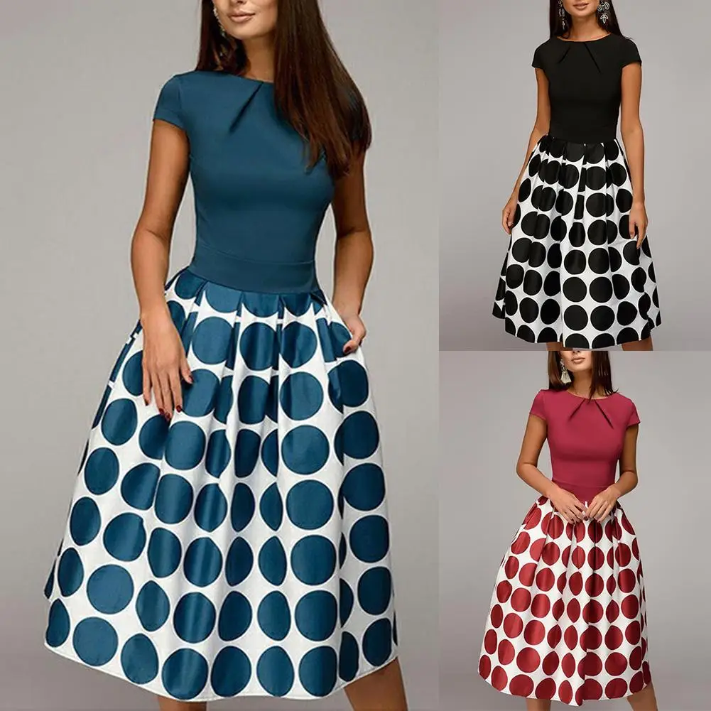 

Women Polka Dot Patchwork Short Sleeve Round Neck Slim Fits Midi Swing Dress