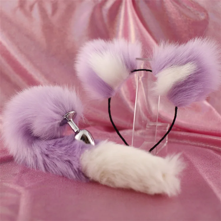 40 сантиметров фиолетовый хвост белый наконечник двойной цвет сексуальный плюшевый оголовье клип ушной характер играть макияж металлическая Анальная пробка расширения