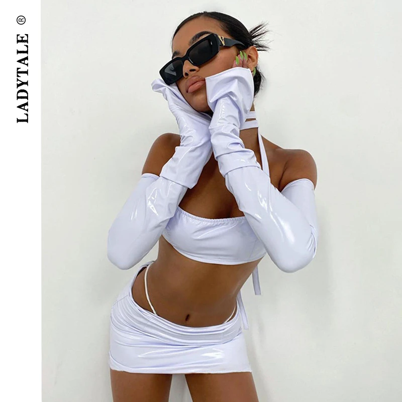 

LadyTale Halter Long Sleeve Women's Two Piece Sets Sexy PU Hollow Out Crop Tops Pants Mini Skirt Summer Clubwear Matching Sets