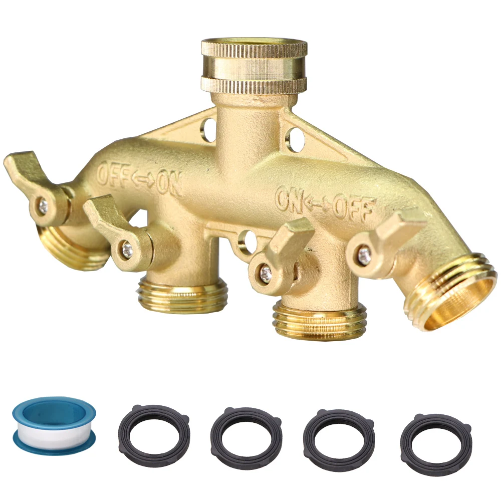 BSP/NPT Garden Hose Splitter 3/4 Inch All-brass Connector 4-way Water Pipe Connector with 4 Switch Valve Irrigation Connection